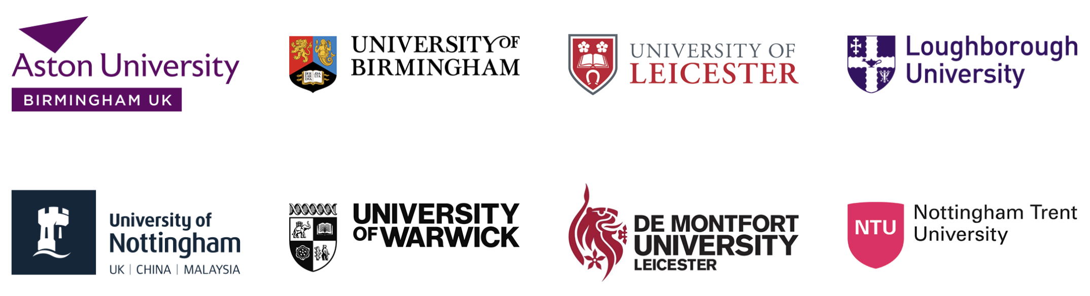 Logos for participating academic institutions in the Midlands Graduate School DTP: Aston University, University of Birmingham, University of Leicester, Loughborough University, University of Nottingham, University of Warwick, De Montfort University, Nottingham Trent University